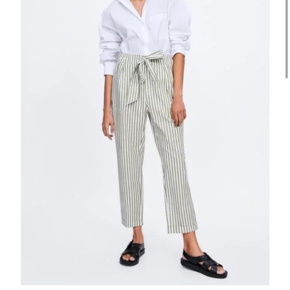 Zara Pants - Zara pants stripes pockets bow tie olive crop cropped trousers LN Large L belt